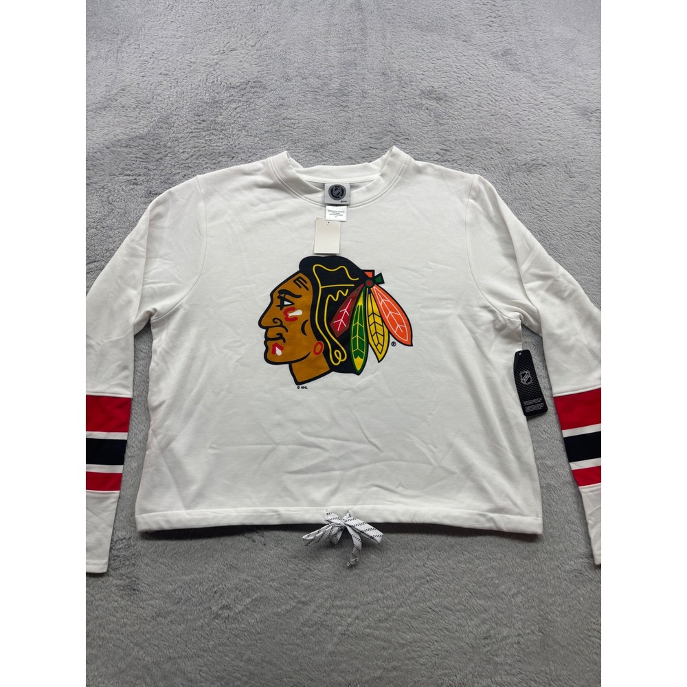 NHL Chicago‎ Blackhawks Women White Cropped Drawstring Sweatshirt Medium NEW